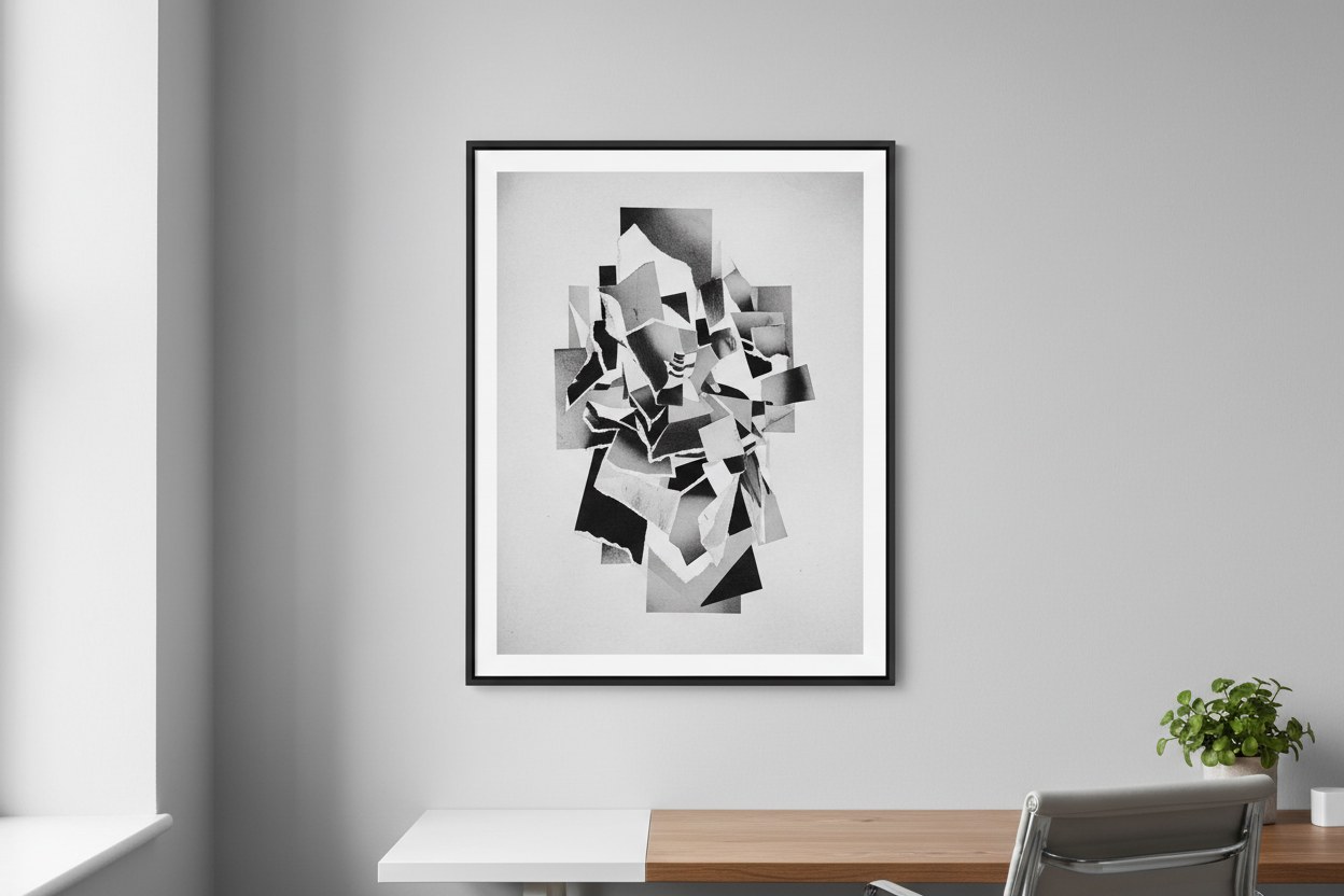 Çalışma odası duvarında siyah beyaz poster, alıcı fotoğrafı