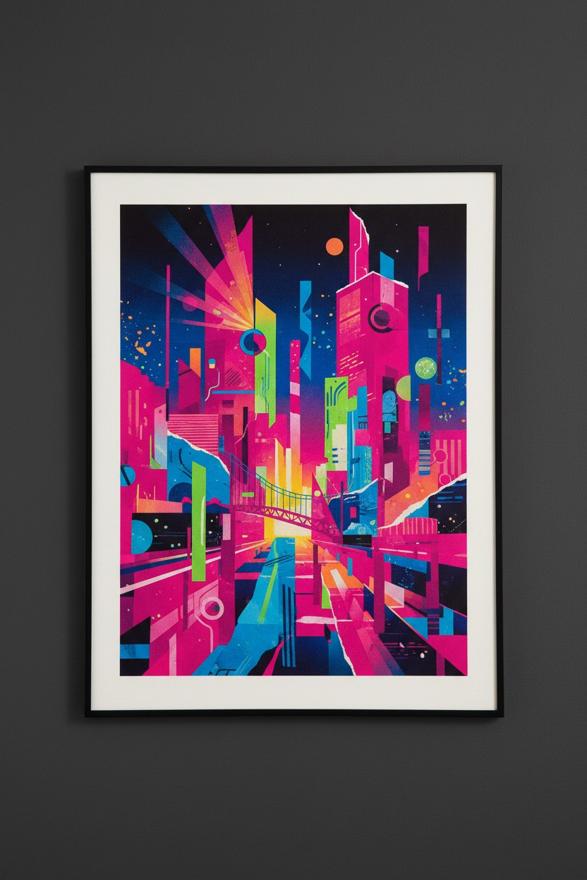Neon Meydan kolaj posteri, pembe tonlarda şehir katmanları