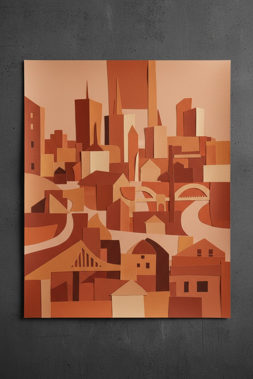 Şehir Kolajı posteri, turuncu ve toprak tonlarda kesme kağıt
